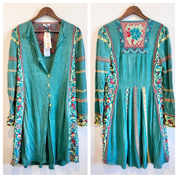 IVKO Boho Resort Embroidered Linen Long Jacket Duster Women’s Medium Artsy NWT - Picture 1 of 12